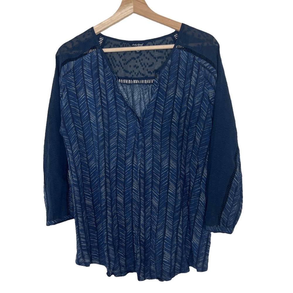 Lucky Brand Navy Blue Patterned Blouse Lace Inset Women’s Size Medium